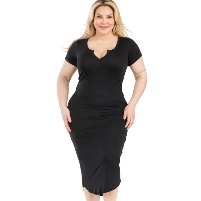 Flash Deals – Act Quickly!Plus Size Split Neck Bodycon Midi Dress