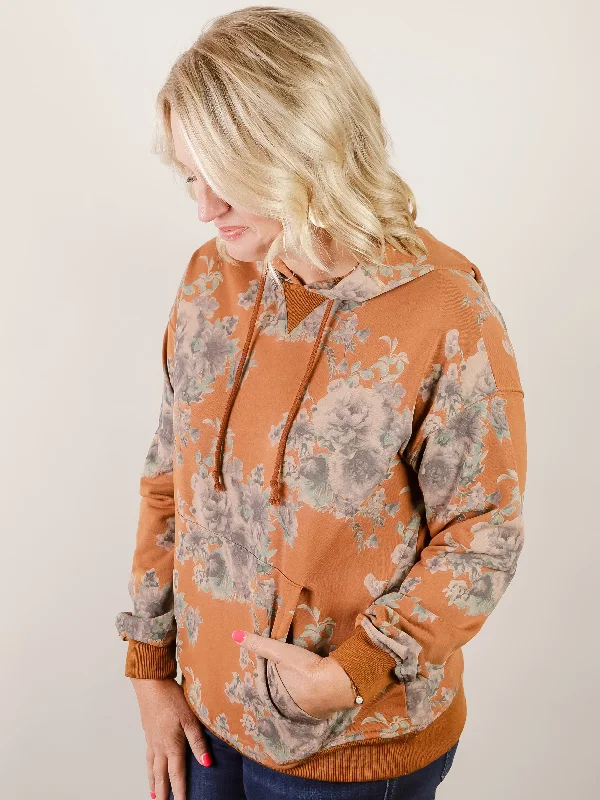 Mega Sale Happening Now!Camel Floral Print Hooded Sweatshirt