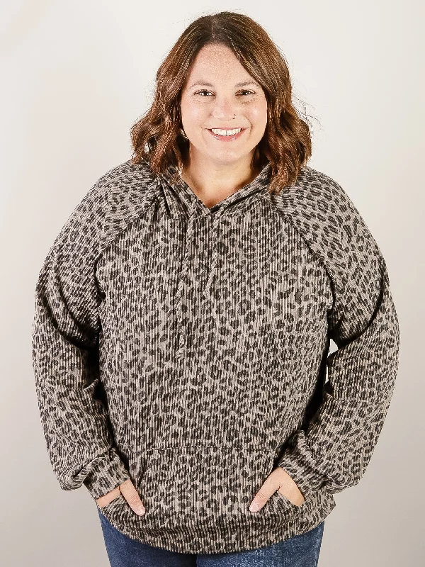 Save More Than Ever!Curvy Charcoal Long Sleeve Animal Print Hooded Top