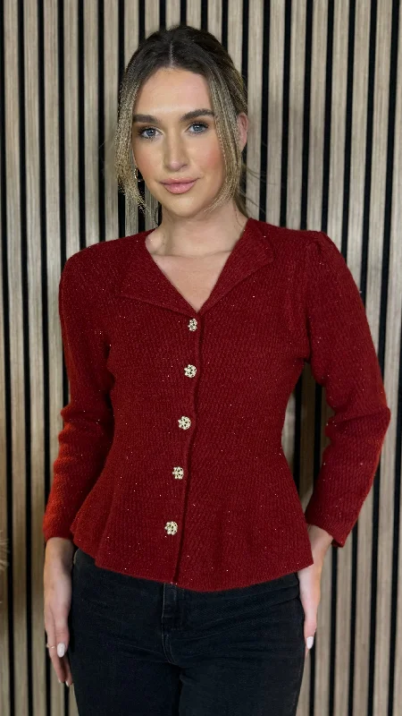 Best Offers of the Month!Francie Burgundy Pearl Button Detail Knit Cardigan