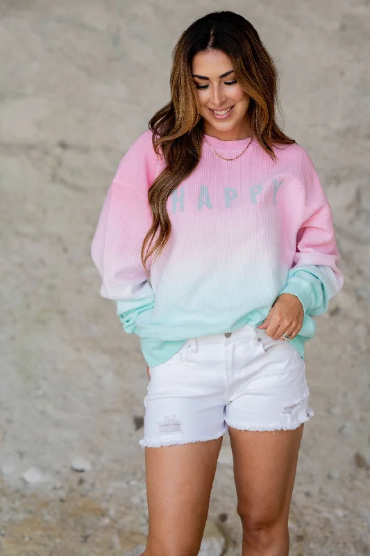 Price Drops You’ll Love!Happy Gradient Ribbed Graphic Crewneck