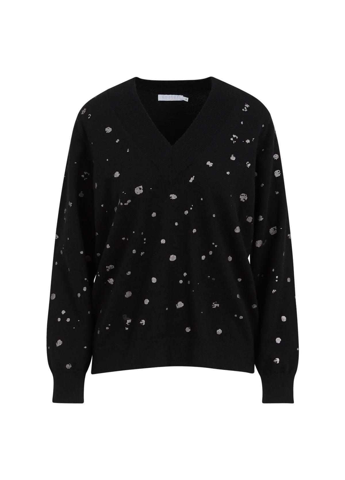 Your Chance to Save is Now!Coster V Neck Knit in Black with Foil Print