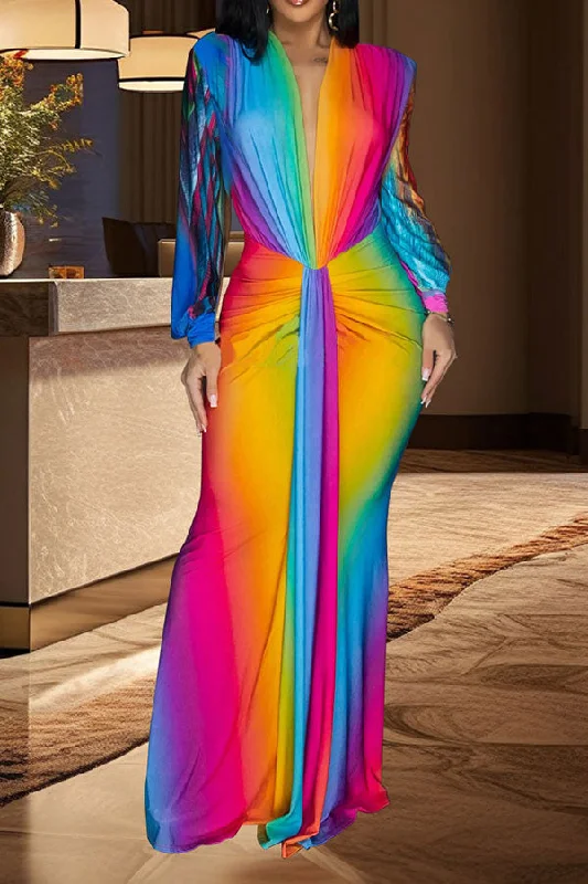 Your Exclusive Offer Awaits!Abstract Print Deep V Neck Glamorous Ribbon Maxi Dress