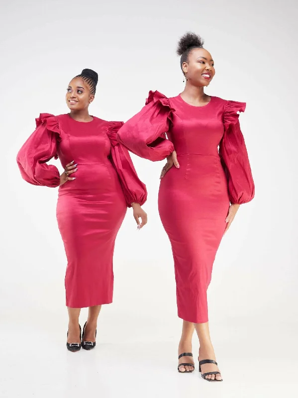 Save Like Never Before!Bold N Chic Ruffled Shoulders Bandage Dress - Burgundy