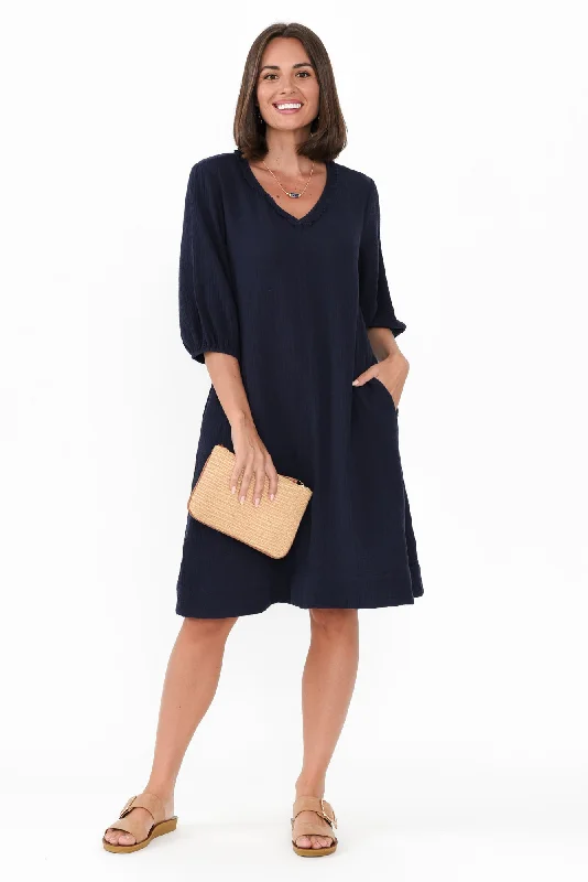 Don’t Wait – Shop Today!Cordelia Navy Cotton Cheesecloth Pocket Dress
