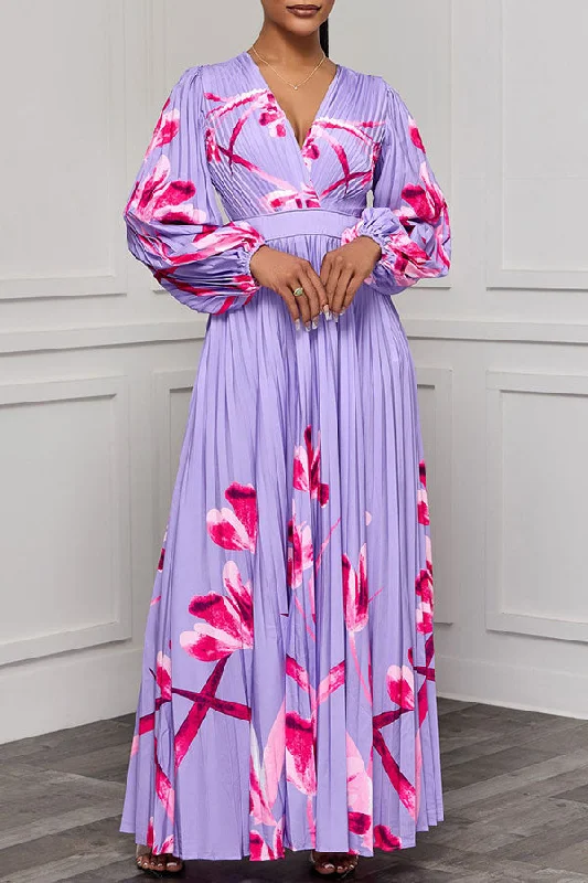 Exclusive Offers You’ll Love!Floral Print Bright Pleated V Neck Maxi Dress