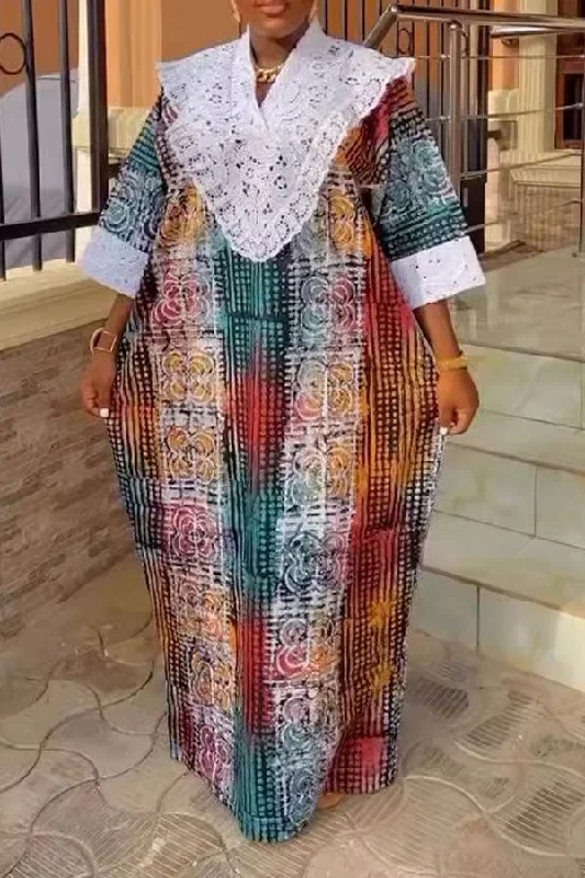 Flash Deals – Act Quickly!Gradient Geometric & Floral Mixed Print Ethnic Lace Patchwork Maxi Dress