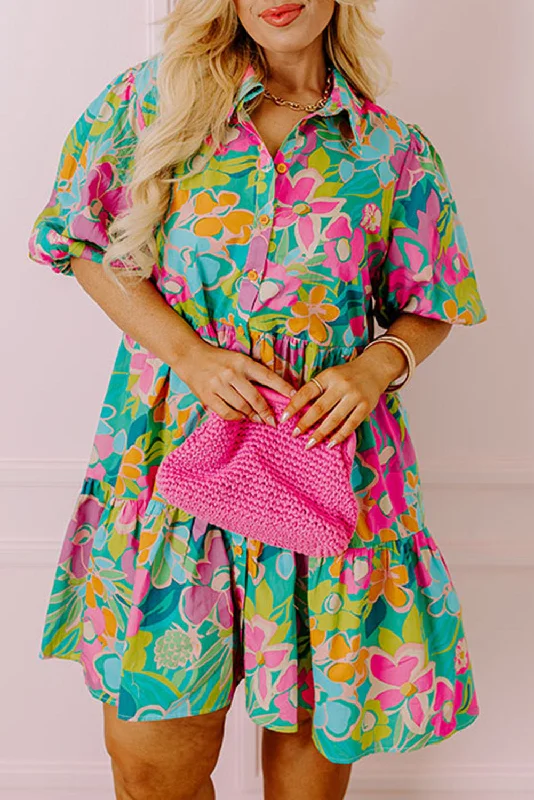 Save Money, Shop Happy!Floral Puff Sleeve Shirt Dress Plus Size