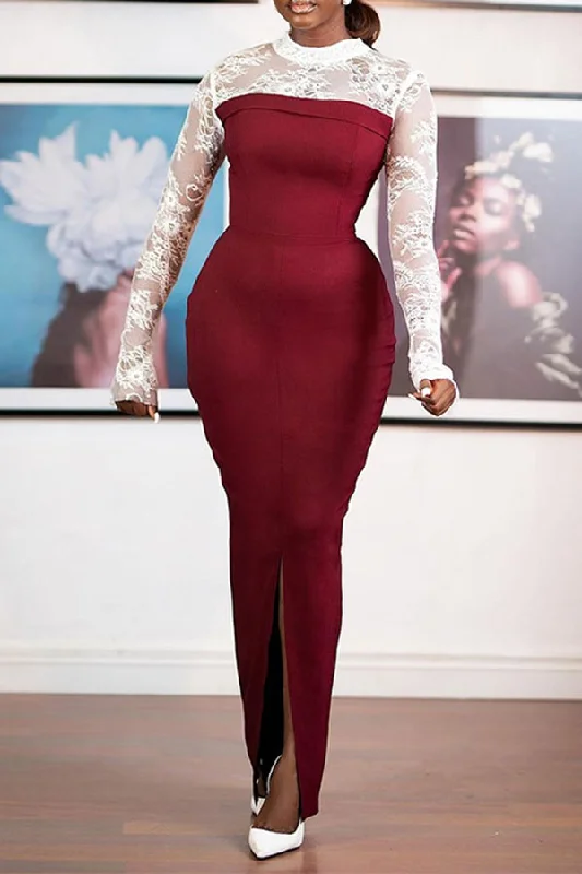 Price Drops You’ll Love!Hit Color Lace Patchwork Modern Bodycon High Split Maxi Dress
