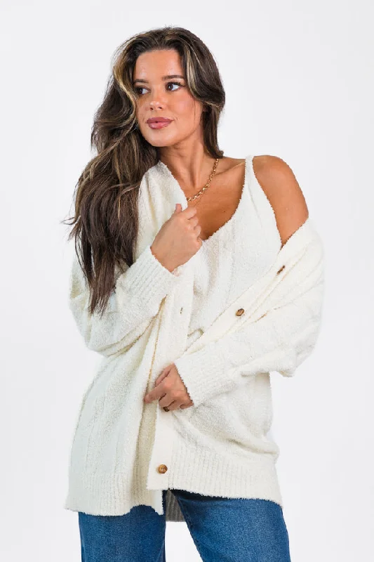 Limited Edition, Limited Price!It's All True Ivory Fuzzy Cardigan And Tank Set