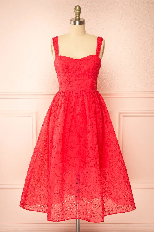 Find Your Perfect Deal Today!Maeva | Red Midi Dress w/ Floral Embroidery