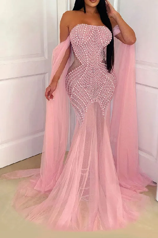 Only a Few Left – Order Now!Mesh Patchwork Faux Pearl Decor Girly See-Through Maxi Dress