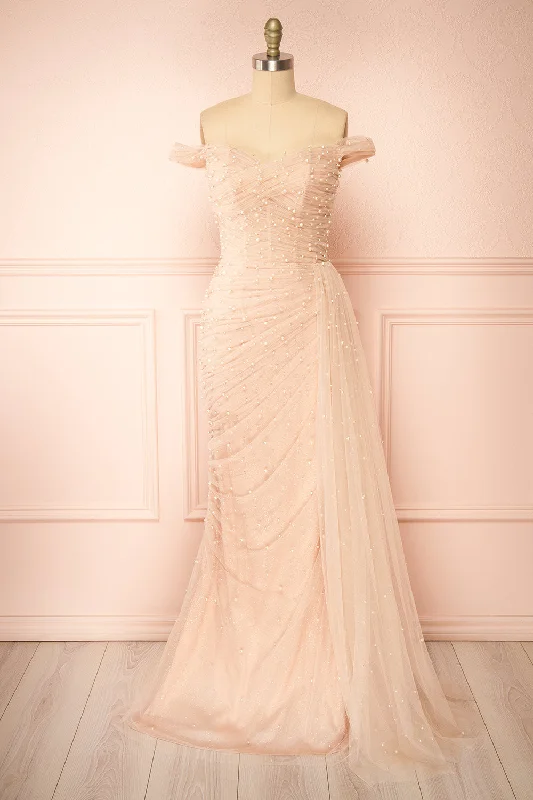 Hurry, Sale Ends Soon!Orphee | Pink Pleated Gown w/ Pearls & Cape