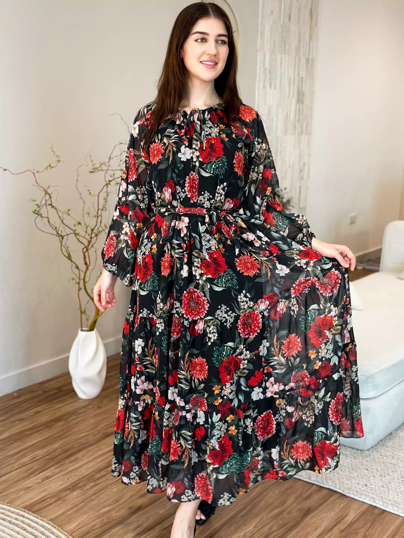 One Click Away from Big Savings!Pumpkin Floral Long Dress