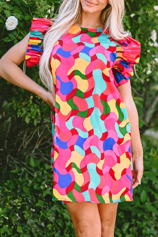 Save More When You Shop More!Abstract Ruffle Sleeve Shift Dress