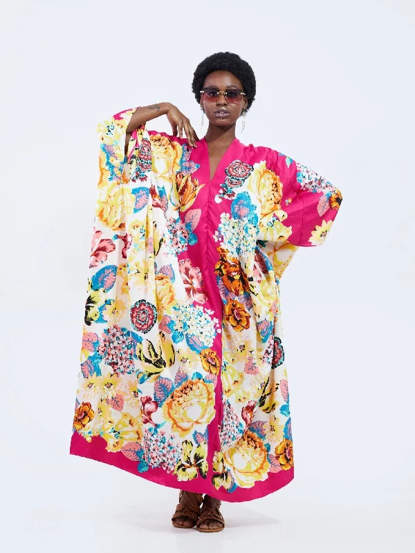 Act Fast – Limited Time Savings!Sayuri V-Neck Boarder and Flower Print Kaftan - Pink