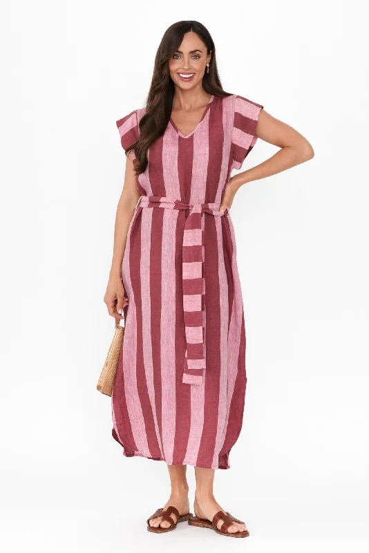 Get It Before It’s Gone!Sebou Burgundy Stripe Linen Tie Dress