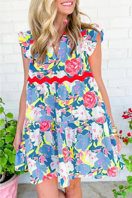 Everything Must Go!Floral Ric-Rac Flutter Sleeve Dress