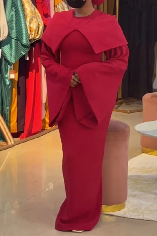 Savings You Can’t Ignore!Solid Color Chic Cape Design Trumpet Sleeve Maxi Dress