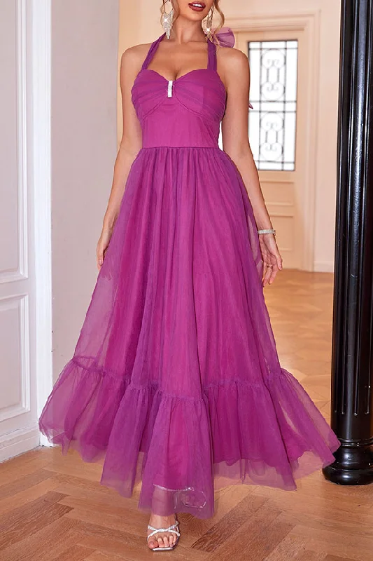 Hurry! While Supplies Last!Solid Color Mesh Pretty Rhinestone Decor Ruffle Midi Dress