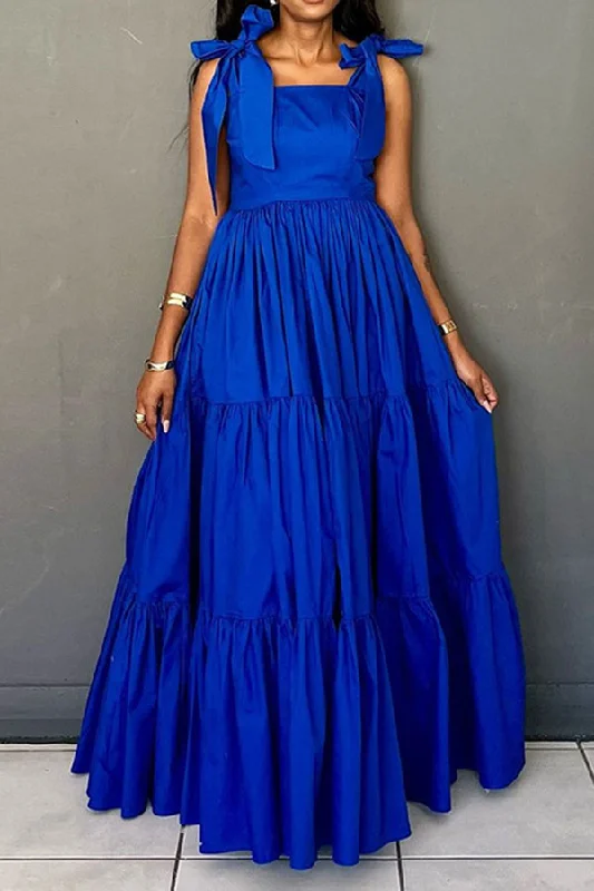Today Only – Don’t Miss It!Solid Color Pretty Tiered Ruffle Bow Tie Maxi Dress