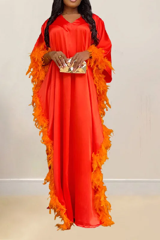 Best Offers of the Month!Solid Color Smart Feather Decor High Split Maxi Dress