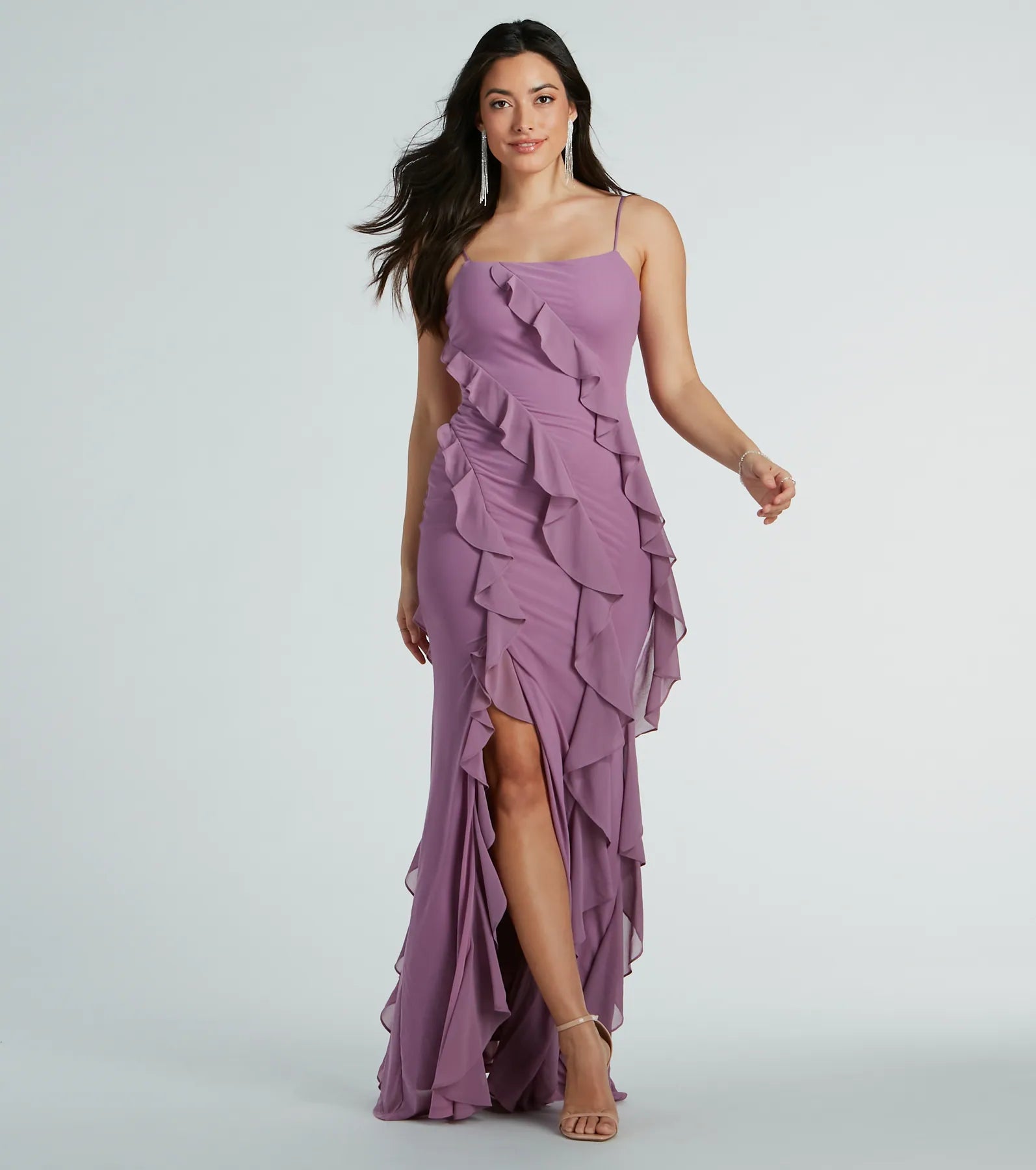 Lowest Prices Guaranteed!Sophia Lace-Up Ruffle Mermaid Mesh Formal Dress