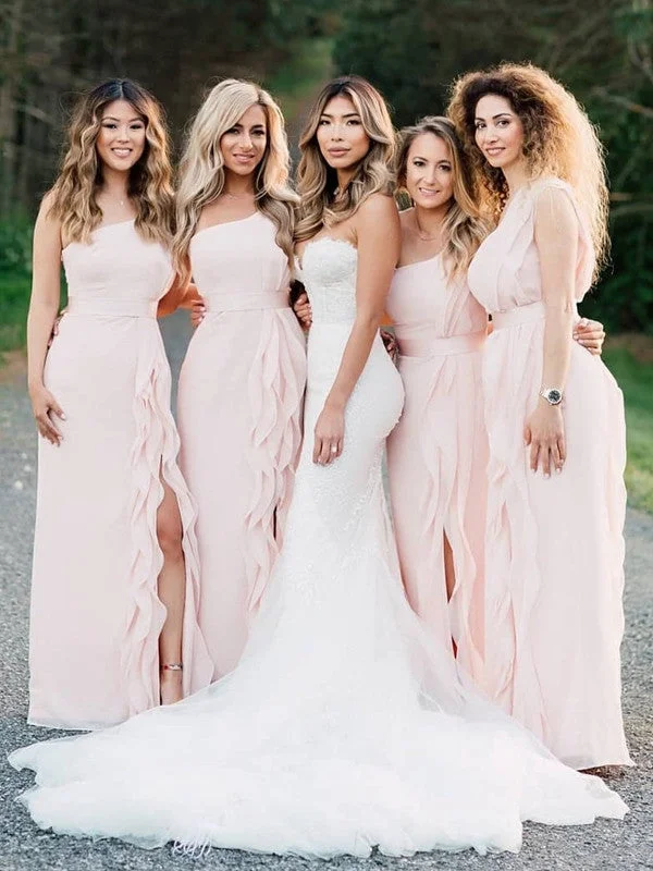 Snag the Best Prices Now!2020 Popular One Shoulder Long Bridesmaid Dresses, High Side Slit Bridesmaid Dresses