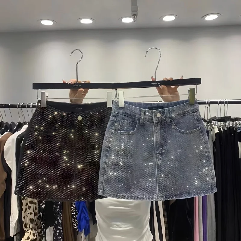 Seasonal Sale – Shop Now!2023 Spring and Summer Short Skirt New Full of Rhinestone Women's Casual Skirt Hot Drilling Heavy Industry Denim Skirt