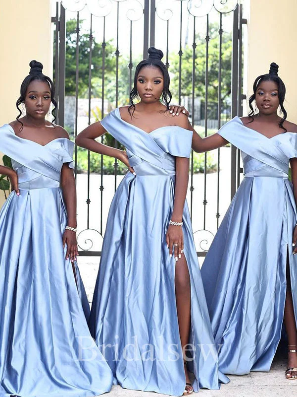Your Exclusive Offer Awaits!A-line Blue Satin Off the Shoulder Slit Simple Cheap Elegant Long Formal Bridesmaid Dresses BD175