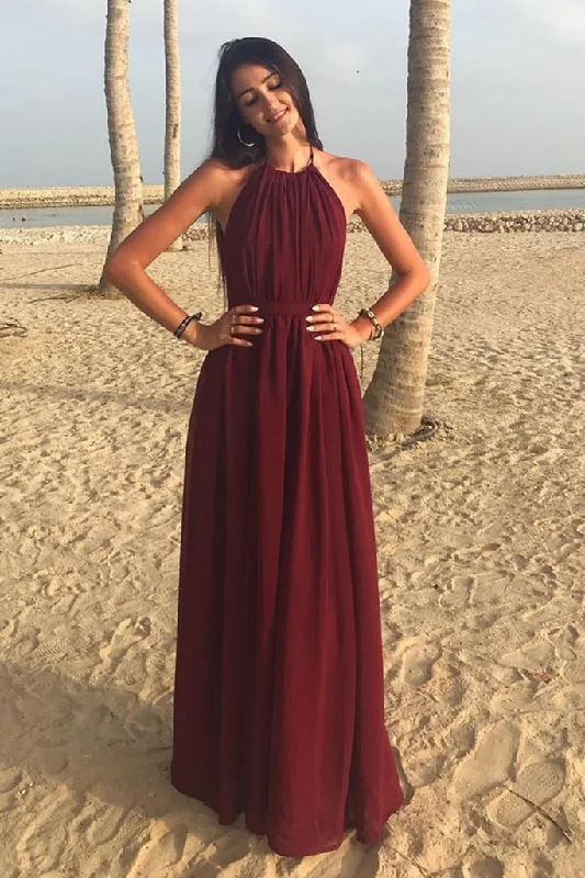 Today’s Deals, Tomorrow’s Regrets!A Line Halter Neck Burgundy Long Prom Dress, Halter Neck Burgundy Formal Graduation Evening Dress, Burgundy Bridesmaid Dress   cg13229