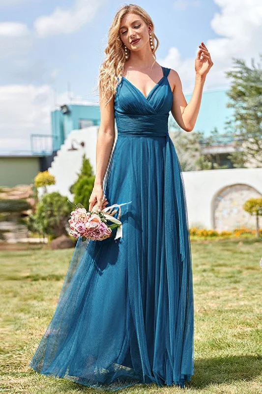 Score Big Savings Today!A-line Tulle Vlue Bridesmaid Dresses Floor-Length