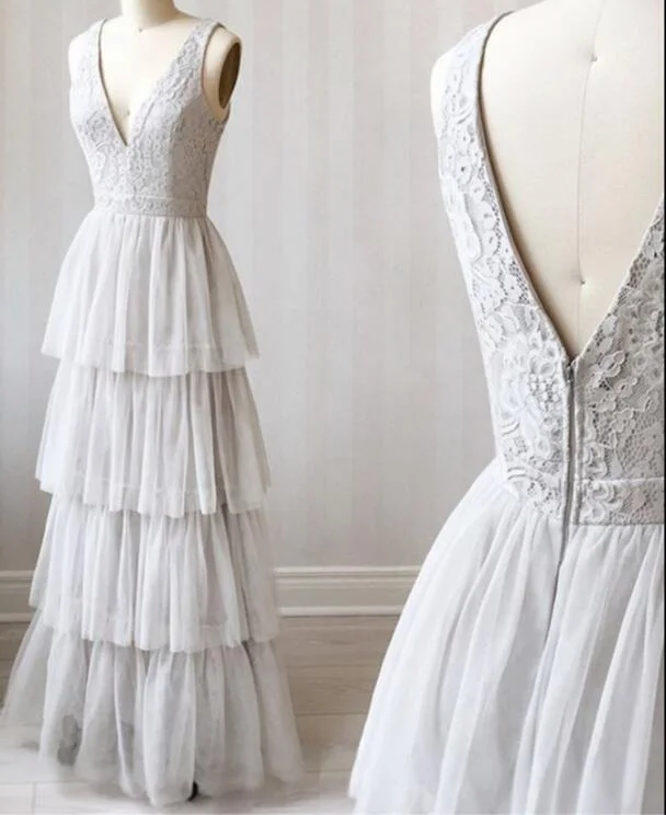Get the Best for Less!A Line V Neck Gray Lace Prom Dresses, V Neck Gray Lace Formal Graduation Bridesmaid Dresses  cg13773