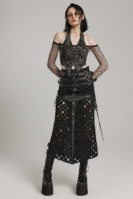 Shop Early, Save Big!Women's Letter Hollowed Slit Adjustable Punching Half Eyelet Buckle Cross Rock Skirt Tattered