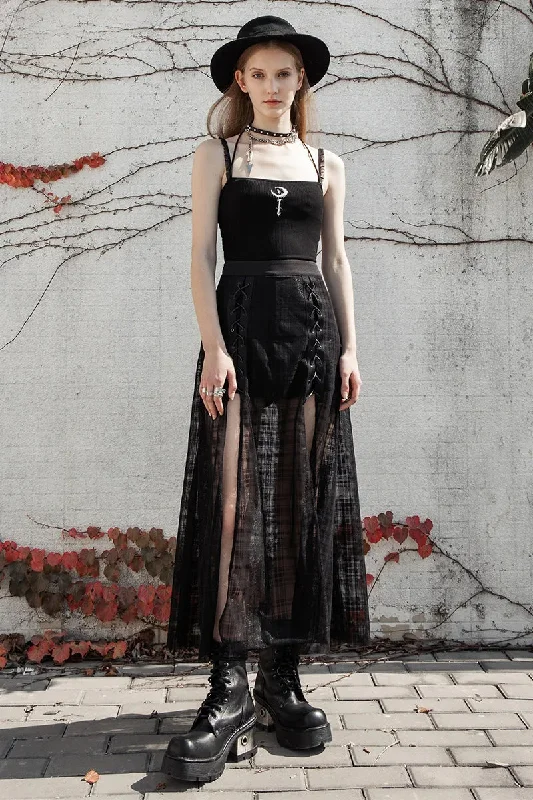 Save Up to 50% Off!Skirt Women's Waist Long Sexy Elastic Mesh Casual Grid Daily Pantskirt Gothic A Mid-length Shape Forks