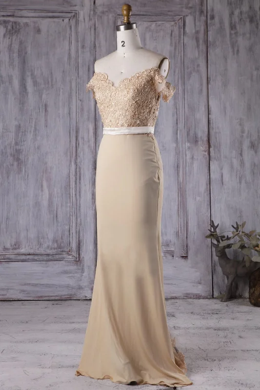 Flash Deals – Act Quickly!Beaded Lace Champagne Bridesmaid Dress Long Chiffon Skirt