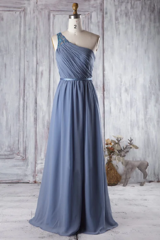 Lowest Prices Guaranteed!Beaded One-shoulder Blue Bridesmaid Gowns with Ruched Bodice