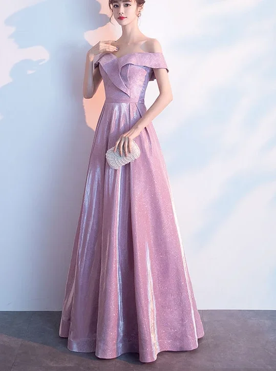 Special Offer – Act Fast!Beautiful Off Shoulder Pink Shiny Long Bridesmaid Dress, Cute Prom Dress   cg12692
