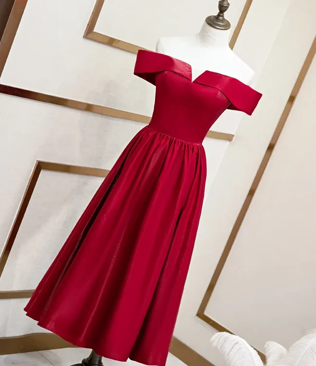 Every Deal is a Steal!Beautiful Wine Red Tea Length Satin Bridesmaid Dress, Cute Short Prom Dress   cg12205
