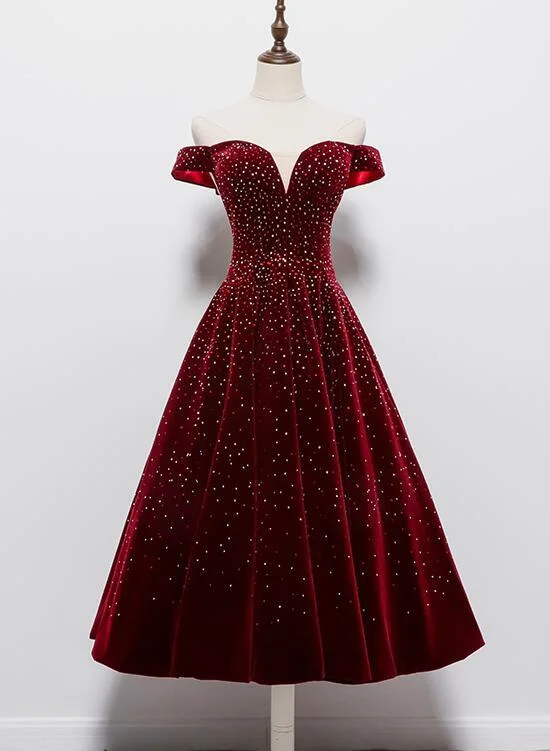 Your Chance to Save is Now!Beautiful Wine Red Tea Length Sweetheart Party Dress, Velvet Bridesmaid Dress Prom Dress   cg14714