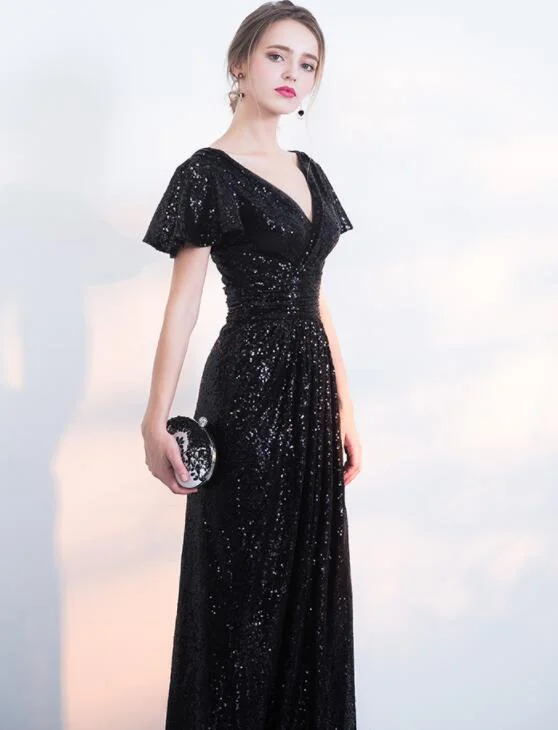 Limited Deals, Unlimited Savings!Black Sequins Cap Sleeves Long V-Neckline Bridesmaid Dress, Sequins Junior Prom Dress    cg20825
