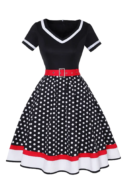 Act Fast – Limited Time Savings!Black V-neck Polka Dots 1950s Dress