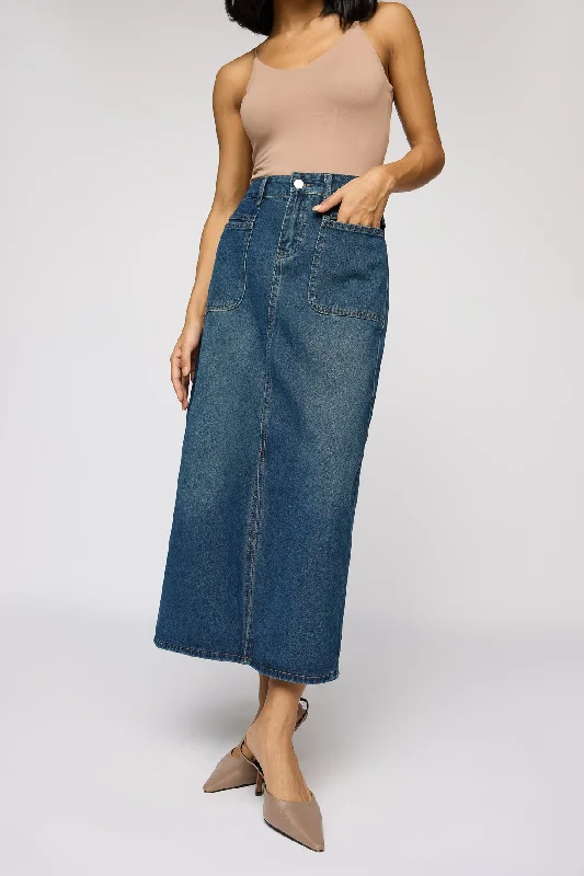 Save More with Every Purchase!Eden Blue Front Slit Denim Midi Skirt