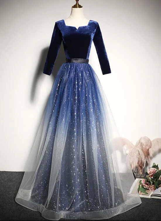 One Day Only – Huge Savings!Blue Gradient Tulle With Velvet Long Sleeves Bridesmaid Dress, Long Prom Dress    cg16386
