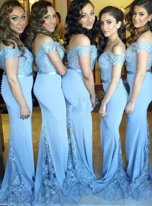 Grab Yours Before It’s Too Late!Blue Mermaid Satin Off the Shoulder Lace Appliques Bridesmaid Dress prom dress     cg16832