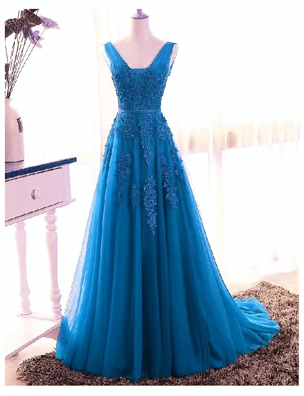 Score Huge Discounts Today!Blue Tull V-Neckline Floor Length Low Back Party Dress, Blue Prom Dress Bridesmaid Dress   cg21725