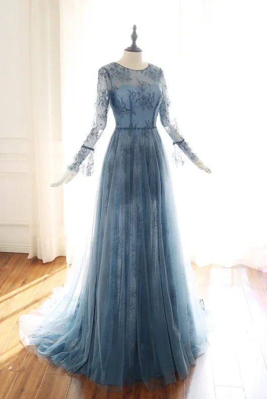 Save Up to 50% Off!Blue tulle lace Long sleeve prom dress, blue bridesmaid dress   cg17536