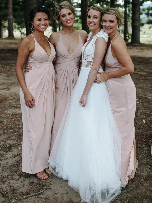Shop More, Spend Less!Blush Pink V-neck Long Sheath Chiffon Bridesmaid Dresses