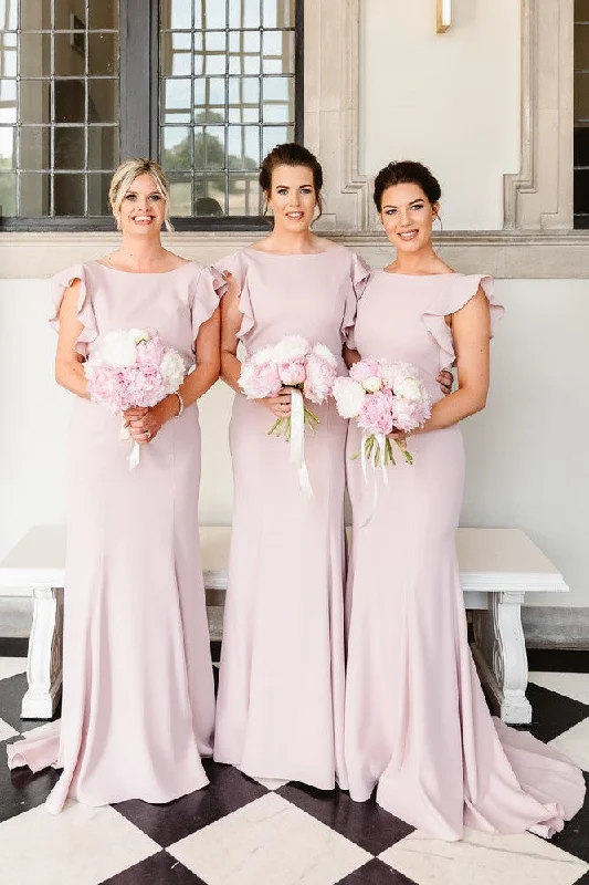 Get More for Less!Boat Neck Long Bridesmaid Gown with Flounced Sleeves