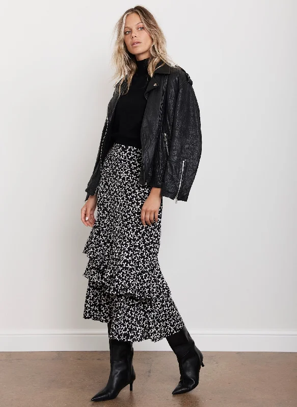 Limited Time Offer!Black Bow Print Ruffle Midi Skirt